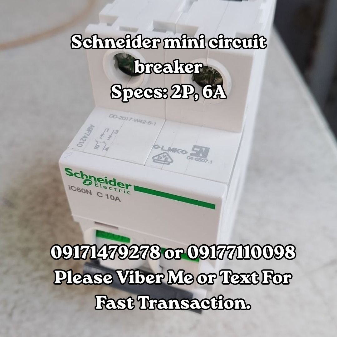 Schneider mini circuit breaker Specs: 2P, 6A (Category: Construction Tools & Equipment) located in Manila. Submitted by 09171479278_elsie. (Listing ID 1463204502, Image 1). Description: Schneider mini circuit breaker Specs: 2P, 6A.