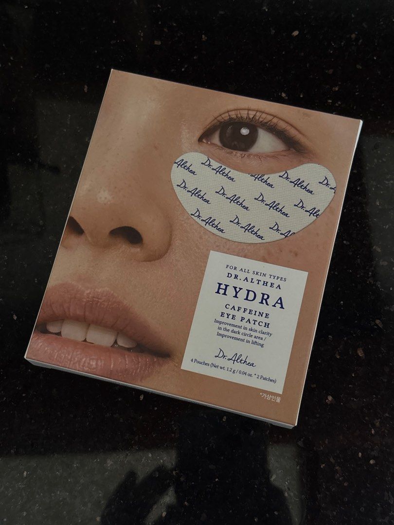 [SEALED] Dr. Althea Hydra Caffeine Eye Patches (Category: Face Care) located in Quezon City. Submitted by gempurinz (Listing ID 1463165140, Image 1). Description: - Dr. Althea Hydra Caffeine Eye Patch - Suitable for all skin types - Helps improve dark circles and skin clarity - Aids in lifting the under-eye area - Includes 4 pouches per pack (1.2g each) - Total net weight: 0.04 oz - Expiry Date: 2029-07-23.