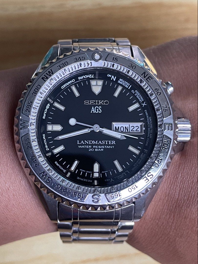 Seiko AGS Landmaster (Category: Men's Watches) located in Taguig. Submitted by tester1x (Listing ID 1463212607, Image 1). Description: Secondhand Used Watch Seiko AGS Landmaster Japan Mov’t 3N1227 5M23 6A20 Black Dial Stainless Steel Front Stainless Steel Back 40.5mm Seiko Stainless Steel Bracelet 7’ wrist size.