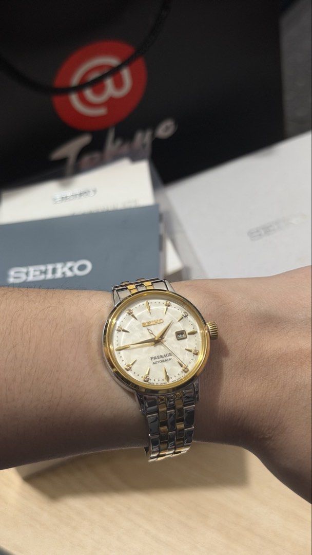 Seiko Presage SRE010J1 Automatic Two-Tone Watch 100% AUTHENTIC (Category: Luxury Watches) located in Taytay. Submitted by declutterwithvvv__ (Listing ID 1463298147, Image 2). Description: 100% AUTHENTIC Seiko Presage SRE010J1 - two-tone stainless steel case with a textured dial accented with diamond markers - with diamond certificate (pawnable) - bought last 08/2025 - original ph price: 45,000 Movement: Automatic Diameter: 30.3mm Condition: Very 
