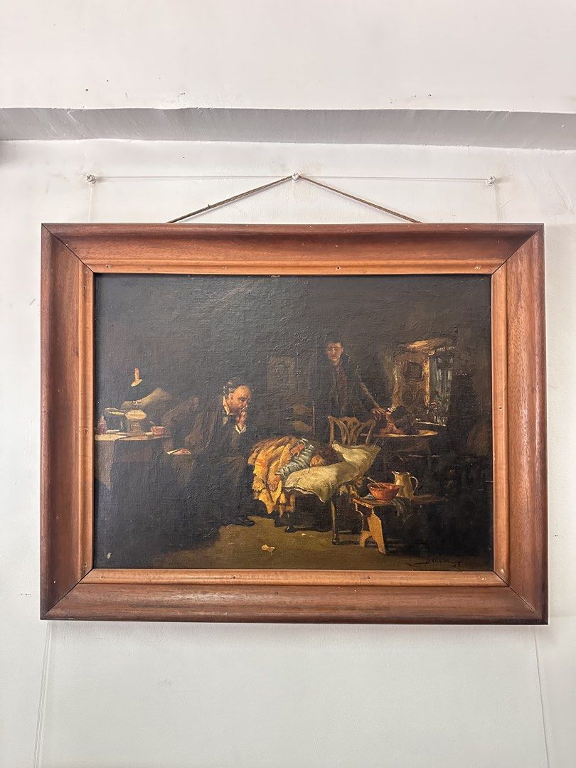 Serna painting 1942 (Category: Art & Prints) located in Quezon City. Submitted by anjherga27 (Listing ID 1463170575, Image 1). Description: - Framed oil painting - Depicts a three-figure interior scene - Signed by the artist (lower right corner) - Wooden frame - Approximate dimensions: 20 inches x 16 inches.