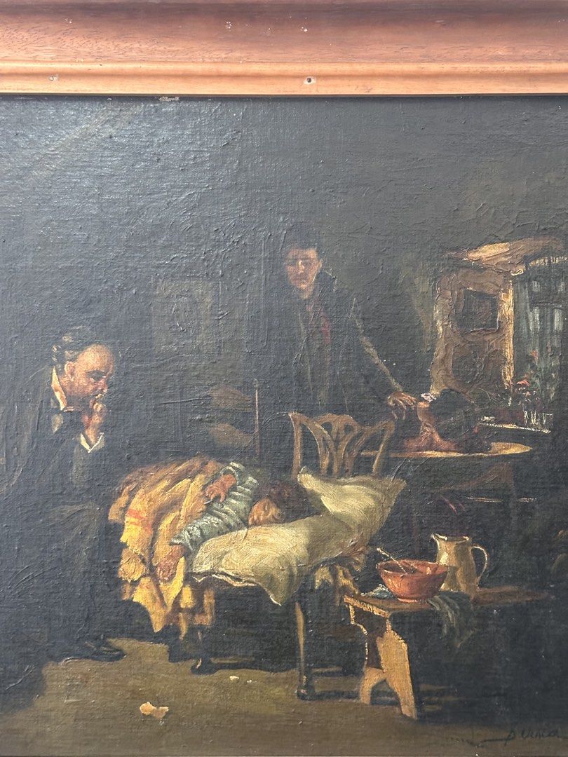 Serna painting 1942 (Category: Art & Prints) located in Quezon City. Submitted by anjherga27 (Listing ID 1463170575, Image 3). Description: - Framed oil painting - Depicts a three-figure interior scene - Signed by the artist (lower right corner) - Wooden frame - Approximate dimensions: 20 inches x 16 inches.