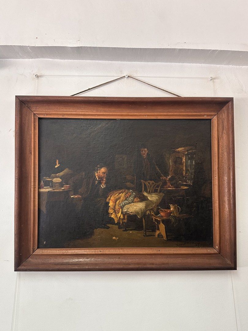 Serna painting 1942 (Category: Art & Prints) located in Quezon City. Submitted by anjherga27 (Listing ID 1463170575, Image 2). Description: - Framed oil painting - Depicts a three-figure interior scene - Signed by the artist (lower right corner) - Wooden frame - Approximate dimensions: 20 inches x 16 inches.