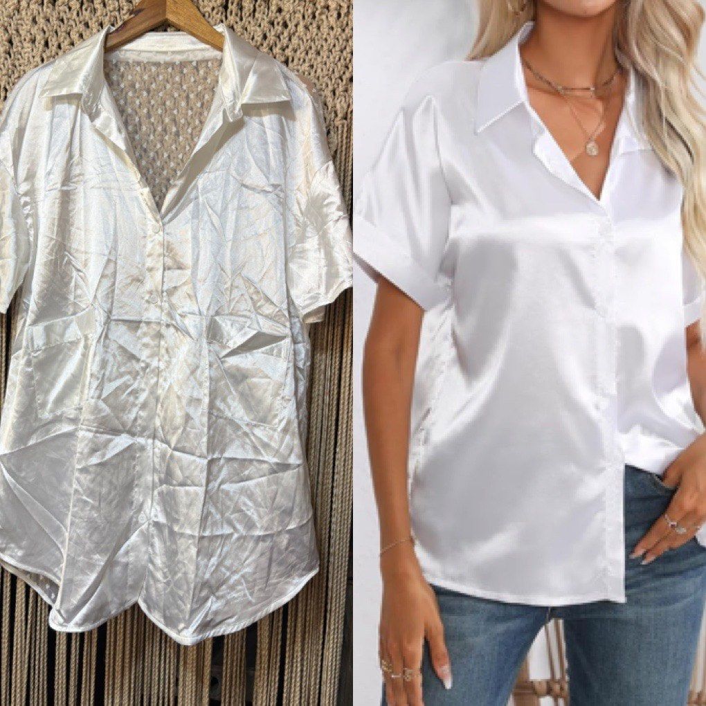 shein button down oversized silk top (Category: Others Tops) located in Cavite. Submitted by bambimay30 (Listing ID 1463125103, Image 1). Description: fit up to xl.