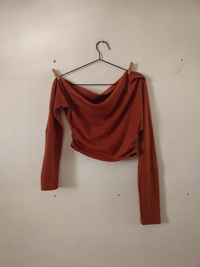 SHEIN Rust Orange Off-Shoulder Ruched Long Sleeve Crop Top (Category: Blouses) located in Manila. Submitted by shajanina.14 (Listing ID 1463217062, Image 1). Description: SHEIN Preloved As good as new Extra Small- US As per measuring tape, Bust- 26 to 48 inches Waist- 26 to 40 inches Length- 15 inches .