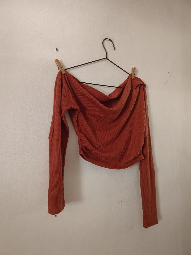 SHEIN Rust Orange Off-Shoulder Ruched Long Sleeve Crop Top (Category: Blouses) located in Manila. Submitted by shajanina.14 (Listing ID 1463217062, Image 2). Description: SHEIN Preloved As good as new Extra Small- US As per measuring tape, Bust- 26 to 48 inches Waist- 26 to 40 inches Length- 15 inches .