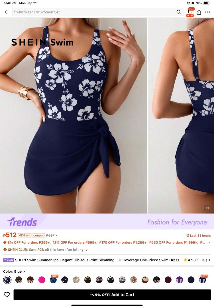 Shein Printed One Piece Swimsuit (Category: Bikinis & Swimsuits) located in Marikina City. Submitted by yabananas (Listing ID 1463292601, Image 1). Description: - Navy blue one-piece swimsuit - Features a white hibiscus print - Includes a tie-waist skirt overlay - Provides full coverage - Ideal for beach trips and pool days - Comfortable and stylish design - Get ready for summer with this chic swimsuit!.