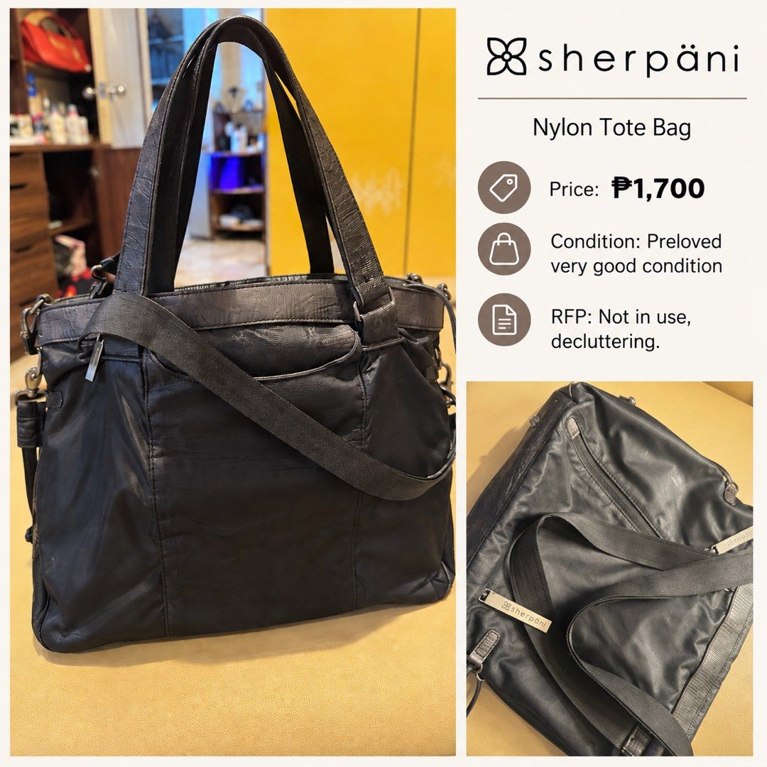 Sherpani Nylon Tote Bag (Category: Tote Bags) located in Marikina City. Submitted by elimsrellik (Listing ID 1463227319, Image 1). Description: Item: Sherpani Nylon Tote Bag Selling Price: ₱1,700 Condition: Pre-loved, very good condition RFP: Not in use, decluttering.