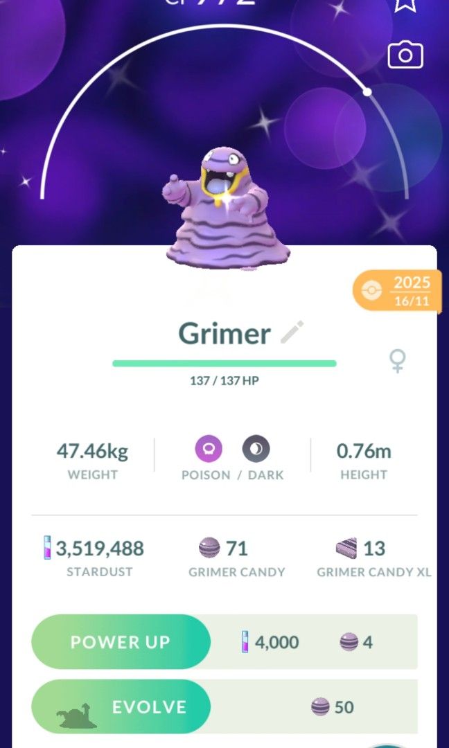 Shiny Grimer Pokemon Go (Category: In-Game Products) located in Pasig City. Submitted by poke_minascc (Listing ID 1463135494, Image 2). Description: must have shiny grimer registered registered trade - 20k stardust for unregistered trade, pm me MOP: GCash or BDO.