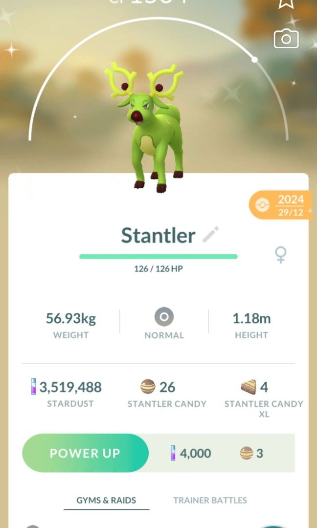 Shiny Stantler Pokemon Go (Category: In-Game Products) located in Pasig City. Submitted by poke_minascc (Listing ID 1463135615, Image 2). Description: must have shiny stantler registered registered trade - 20k stardust for unregistered trade, pm me MOP: GCash or BDO.