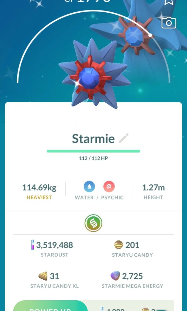 Shiny Starmie Pokemon Go (Category: In-Game Products) located in Pasig City. Submitted by poke_minascc (Listing ID 1463136302, Image 2). Description: must have shiny starmie registered registered trade - 20k stardust for unregistered trade, pm me MOP: GCash or BDO.