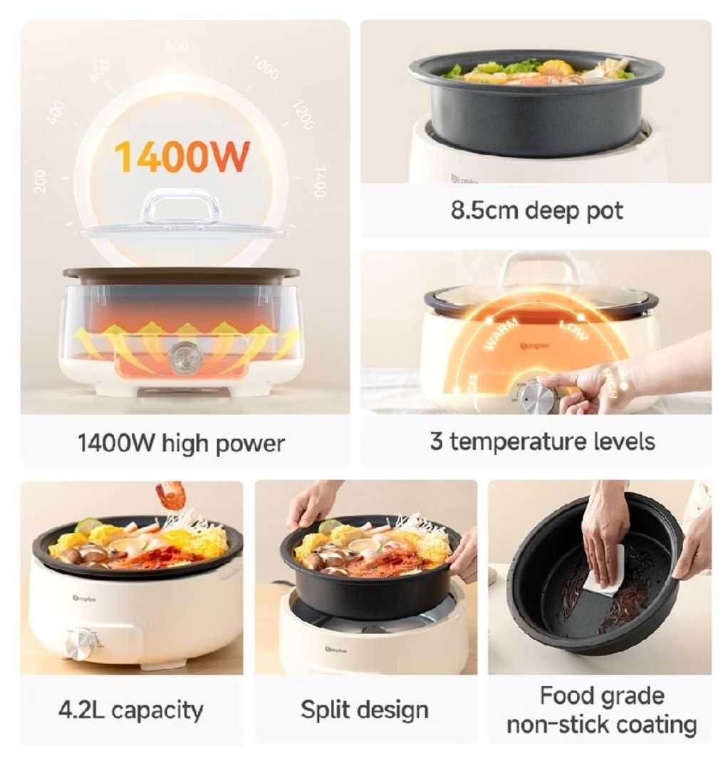 Simplus 4.2L Multi Function Electric HotPot (Category: Cookers) located in Kuala Lumpur. Submitted by annatan98 (Listing ID 1463138186, Image 3). Description: Brand: Simplus Power: 1400W Capacity: 4.2L Pot Diameter: 31cm Pot Depth: 85mm Operations: Stepless Knob Control.
