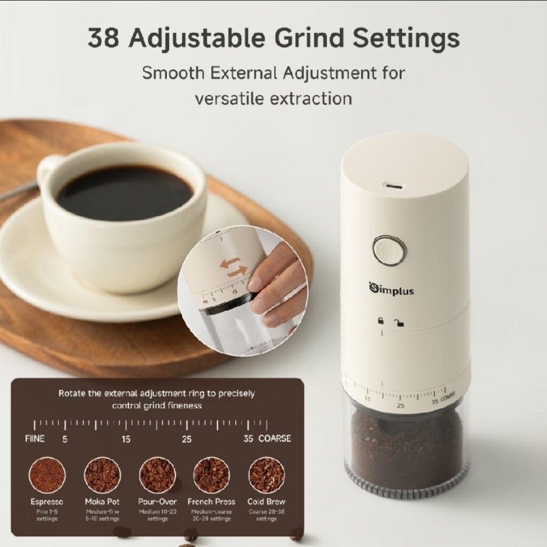 Simplus Precision Ceramic Electric Coffee Grinder (Category: Coffee & Tea Tableware) located in Pasig City. Submitted by aislinn44 (Listing ID 1463139718, Image 2). Description: Simplus Precision Ceramic Electric Coffee Grinder Product Features 1. One-touch electric grinder, 3-minute quick grind: One-touch start, hands-free, saving time and effort 2. 38 adjustable coarseness levels. with a smooth external adjustment for versatile brewing 3. Ceram