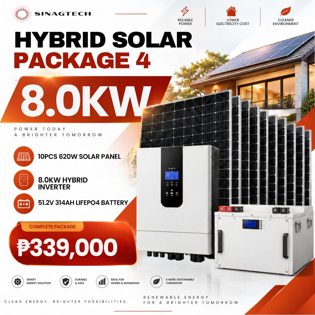 Sinagtech Hybrid Solar Package 4 - 8.0KW (Category: Lighting) located in Antipolo. Submitted by noblebird_31de88 (Listing ID 1463183358, Image 1). Description: - Sinagtech Hybrid Solar Package 4 - System Size: 8.0KW - Solar Panels: 10 pieces x 620W - Hybrid Inverter: 8.0KW - Battery: 51.2V 314AH LiFePO4 - Benefits: Reliable power, lower electricity costs, eco-friendly..