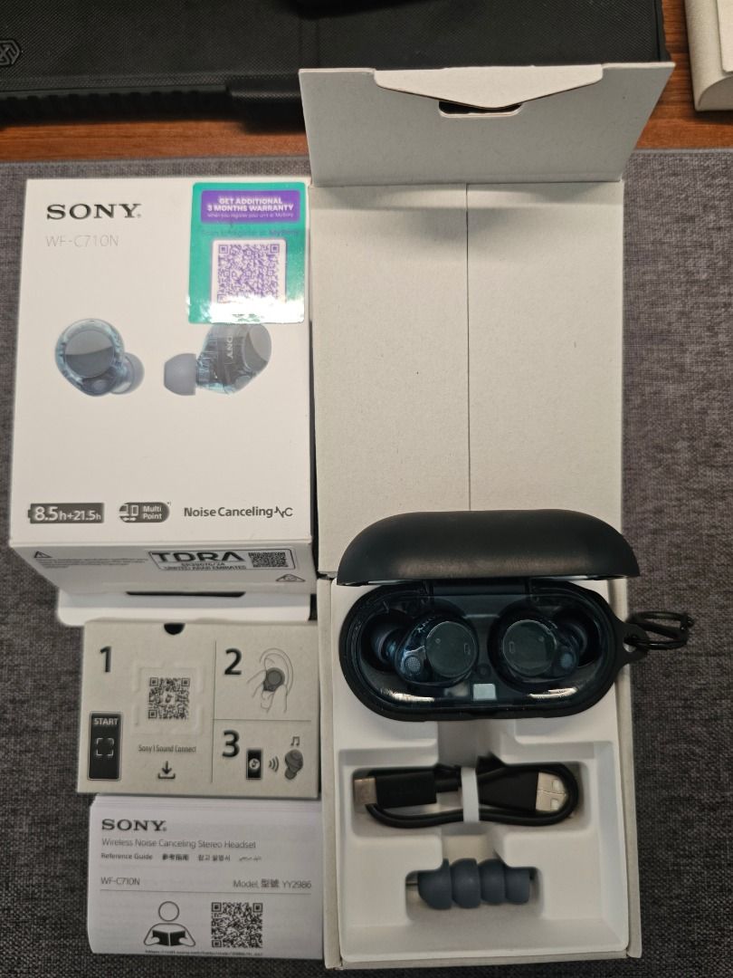 Sony WF-C71N Noise Cancelling Wireless Earbuds (Category: Earphones) located in Silang. Submitted by socheaplady (Listing ID 1463194426, Image 2). Description: Sony WF-C710N Complete box/accessories. - Multi-point connection - 8.5h+21.5h - Noise Cancelling - IPX4 - Hands-free - One-side use Well-maintained, fully functional. Original purchase price: 5,999. Selling: P3,800 negotiable DOP: 02 / 22 / 2026 from Sony Centre SM Dasmariñas. Meetup: City
