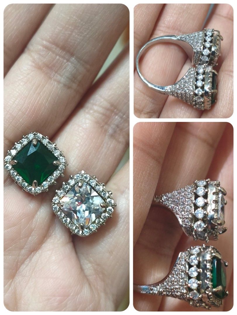 Sparkling Square Cut Ring with Emerald and Diamond Accents (Category: Rings) located in Quezon City. Submitted by gemaicloset (Listing ID 1463220170, Image 1). Description: - Eye-catching ring with a large square-cut emerald and a clear square-cut stone. - Both main stones are surrounded by smaller sparkling accent stones. - The band is also beautifully encrusted with tiny gems. - Ideal for special occasions or as a statement accessory. - Adds a 
