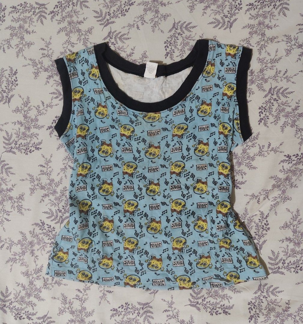 SpongeBob SquarePants light blue sleeveless tank top (Category: Sleeveless) located in Bulacan. Submitted by angel.decluttersx (Listing ID 1463169815, Image 1). Description: small size cotton fabric material.