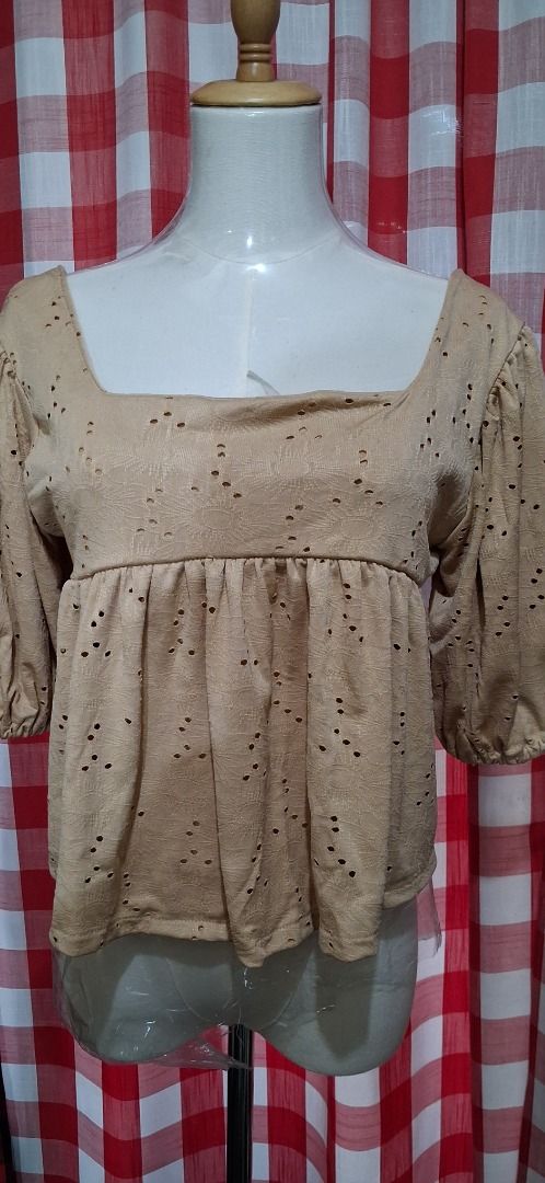 Square Neck Puff Sleeve Eyelet Top (Category: Blouses) located in Manila. Submitted by katkween23 (Listing ID 1463221171, Image 2). Description: - Cute square neck top - Puff sleeves - All-over eyelet pattern - Elasticated hem - Ideal for casual wear - Available in brown and beige.