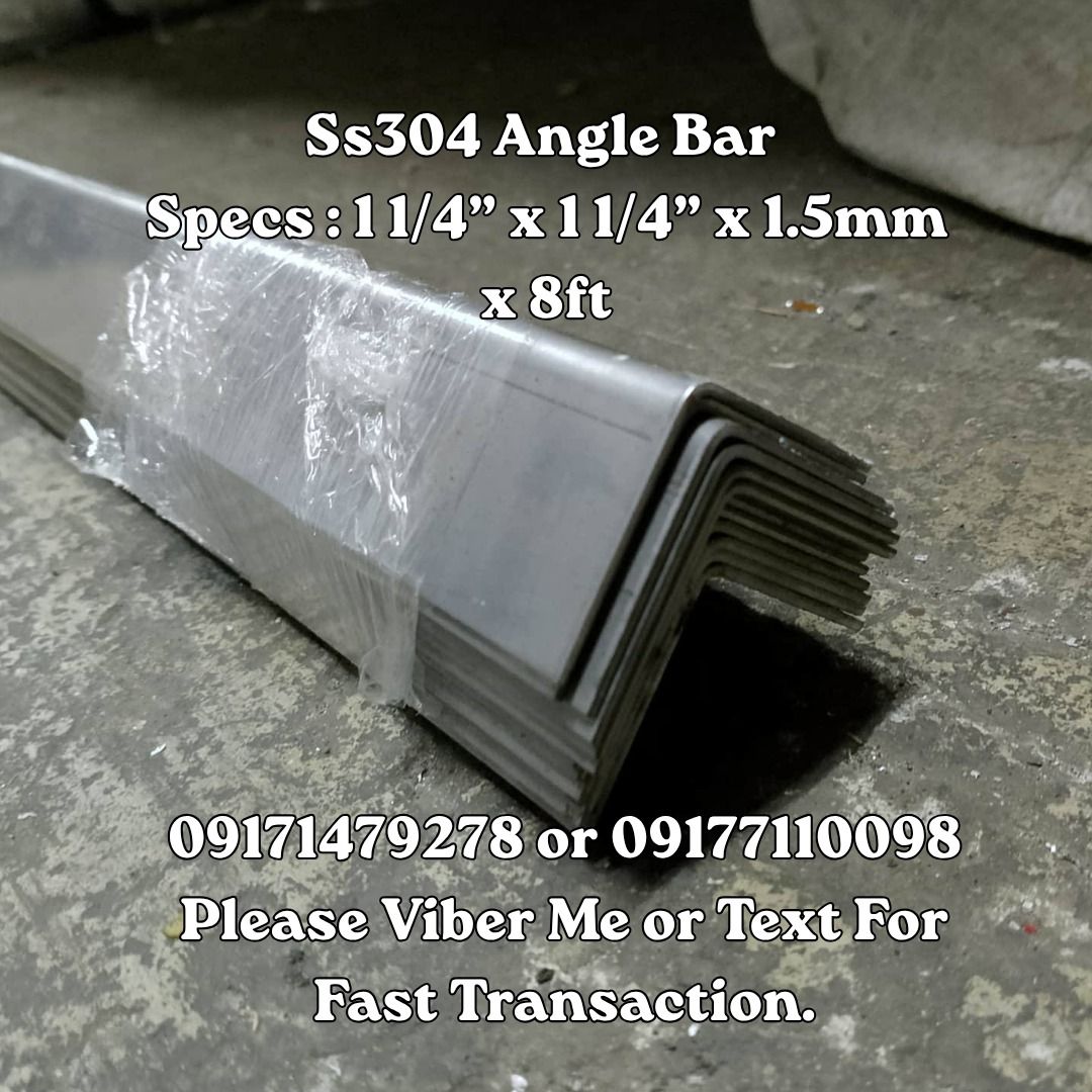 Ss304 Angle Bar Specs : 1 1/4” x 1 1/4” x 1.5mm x 8ft (Category: Construction Tools & Equipment) located in Manila. Submitted by 09171479278_elsie. (Listing ID 1463197829, Image 1). Description: Ss304 Angle Bar Specs : 1 1/4” x 1 1/4” x 1.5mm x 8ft.