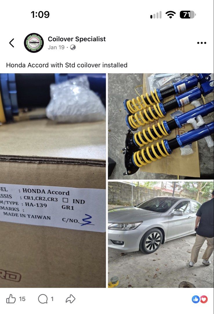 STD COILOVERS (Category: Suspension Parts and Accessories) located in Malabon City. Submitted by kevlouielim (Listing ID 1463165046, Image 2). Description: Honda Accord 9th Gen Model HA-139 7 Months used / 6-7KMS Prestine Condition NO ISSUES .
