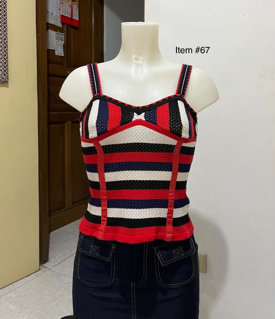 Striped Knit Corset Top with Spaghetti Straps (Category: Sleeveless) located in Quezon City. Submitted by syayayay (Listing ID 1463127051, Image 1). Description: - Red, white, blue, and black striped knit top. - Corset-style bust with spaghetti straps. - Straps feature red and black trim. - Striped back. .