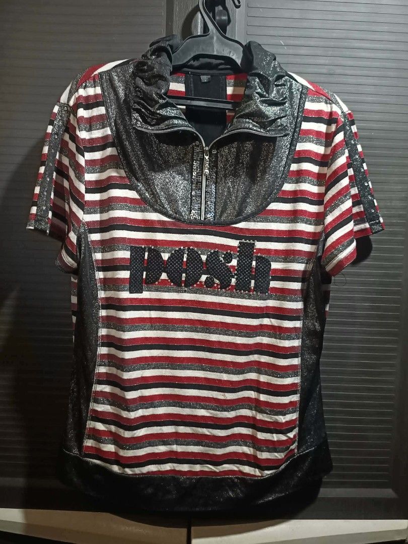 Striped Zip-Up Top with 'POSH' Embellishment (Category: Others Tops) located in Asingan. Submitted by nickchacon (Listing ID 1463160633, Image 1). Description: - Fits S-M - Cool striped top - Sparkly collar and zip detail - 'POSH' spelled out in studs on the front - Short sleeves - Shiny black hem - Ideal for a night out or a statement casual look - Unique design.
