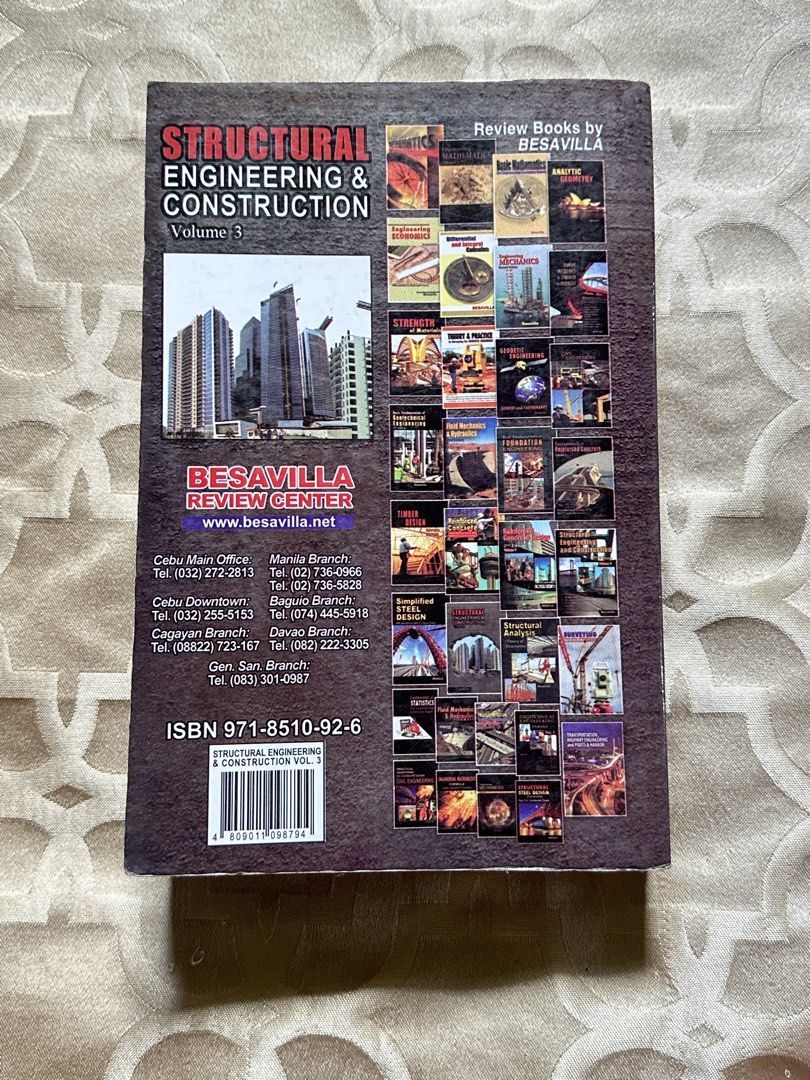 Structural Engineering Construction Book Vol 3. by Besavilla (Category: Textbooks) located in Floridablanca. Submitted by prelovedlovebyjl (Listing ID 1463140193, Image 2). Description: Stuctural Engineering & Construction (Volume 3) by Besavilla -Ideal for CELE takers -has 890 pages (covering all structural topics) - really helped me during my review days -no pencil marks or any writings -ISBN 971-8510-92-6 -Negotiable -Strictly no COD location: