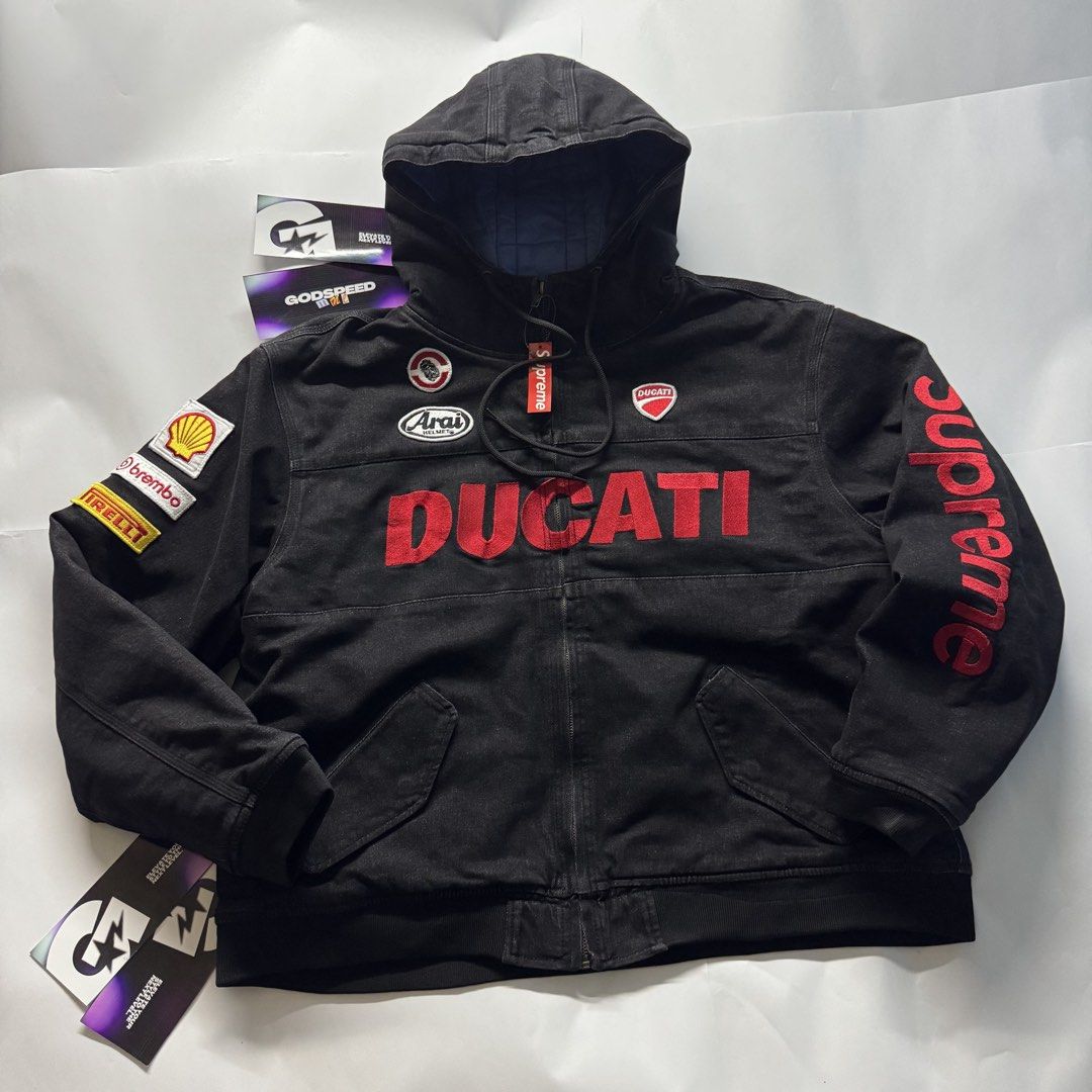 Supreme x Ducati Hooded Racing Jacket (Category: Coats, Jackets and Outerwear) located in Manila. Submitted by godspeedmnl (Listing ID 1463153301, Image 1). Description: Supreme x Ducati Hooded Racing Jacket 15,589PHP / Sizes: S, M, L, XL Colorway: Denim/Black, Denim/Washed Blue (Feel free to message me for additional photos.) Package included: • Supreme/Ducati Hooded Racing Jacket x 1 • Godspeed Mnl Paper Bag • Godspeed Mnl logo & streetwear sti