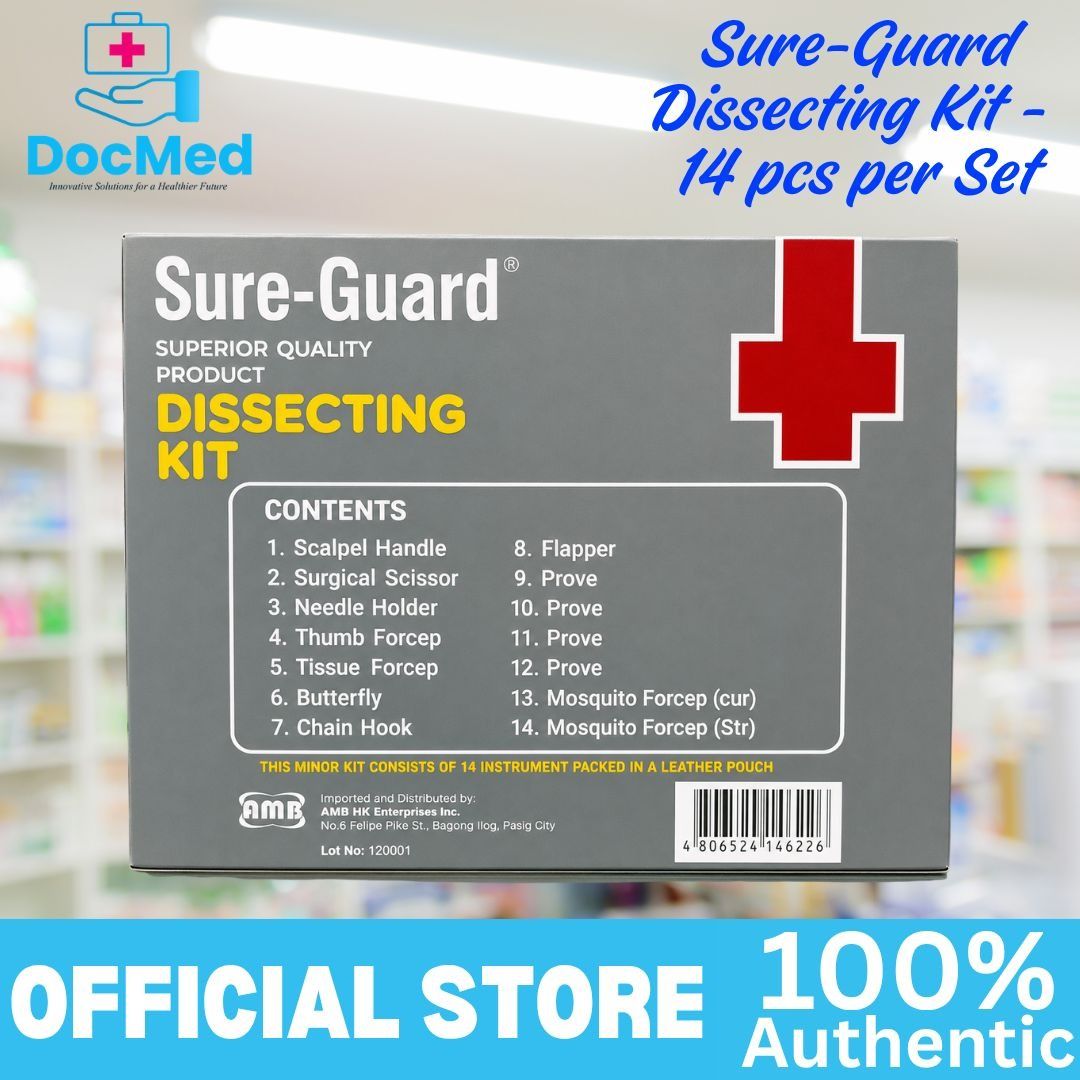 Sure-Guard Dissecting Kit - 14 pcs per Set (Category: Medical Supplies & Tools) located in Quezon City. Submitted by zee_010200 (Listing ID 1463208159, Image 3). Description: - Sure-Guard 14-Piece Dissecting Kit - Includes: Scalpel Handle, Surgical Scissors, Needle Holder, Forceps, Butterfly, Chain Hook, Flapper, Mosquito Forceps - All instruments neatly packed in a durable leather pouch.