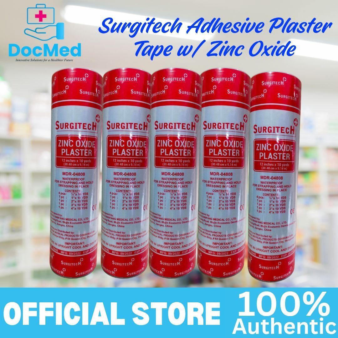 Surgitech Adhesive Plaster Tape w/ Zinc Oxide (Category: Medical Supplies & Tools) located in Quezon City. Submitted by zee_010200 (Listing ID 1463201601, Image 3). Description: - Surgitech Adhesive Plaster Tape - Waterproof - Ideal for strapping and holding dressings - Size: 12 inches x 10 yards - Official Store, 100% Authentic - Recommended storage: Cool, dry place - Suitable for medical use.