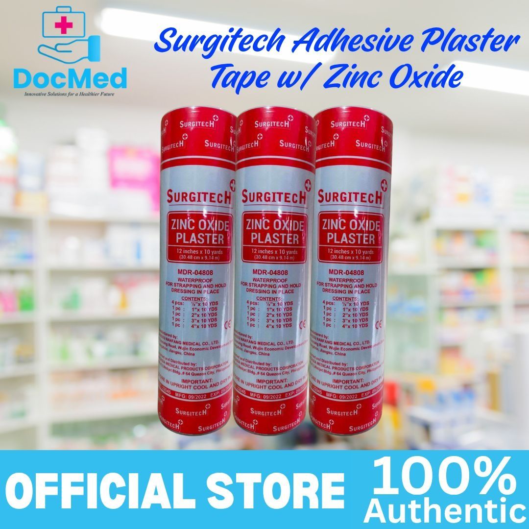 Surgitech Adhesive Plaster Tape w/ Zinc Oxide (Category: Medical Supplies & Tools) located in Quezon City. Submitted by zee_010200 (Listing ID 1463201601, Image 2). Description: - Surgitech Adhesive Plaster Tape - Waterproof - Ideal for strapping and holding dressings - Size: 12 inches x 10 yards - Official Store, 100% Authentic - Recommended storage: Cool, dry place - Suitable for medical use.