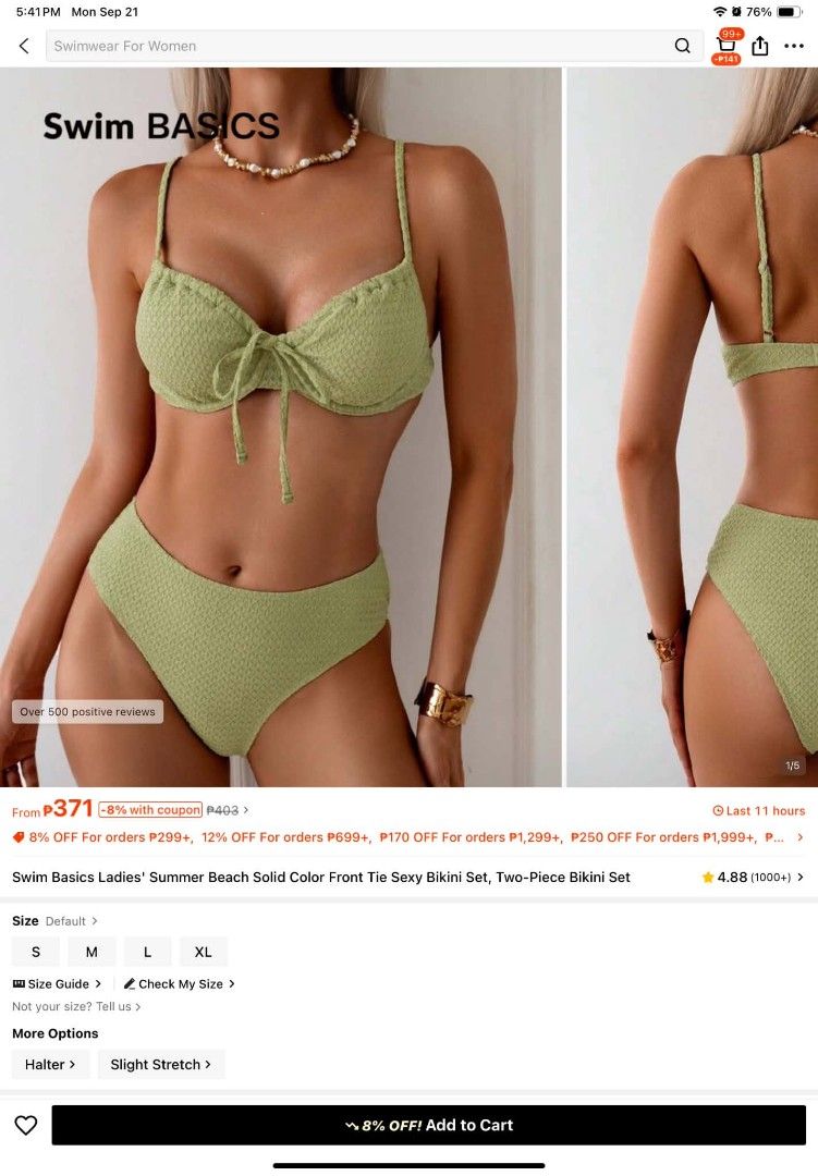 Green Two Piece Swimsuit (Category: Bikinis & Swimsuits) located in Marikina City. Submitted by yabananas (Listing ID 1463292592, Image 1). Description: - Cute Swim Basics bikini set - Solid color with textured fabric - Front tie and halter style - Slight stretch for comfort - Available sizes: S, M, L, XL - Perfect for summer beach days - Over 500 positive reviews!.