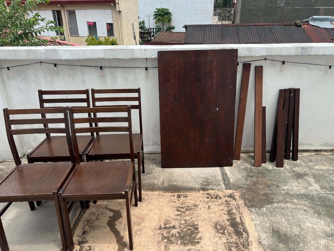 Table Set w/ 4 Chairs (Category: Tables & Sets) located in Manila. Submitted by okeanos (Listing ID 1463220468, Image 1). Description: Negotiable all screws and nuts are still complete can be ship right away.