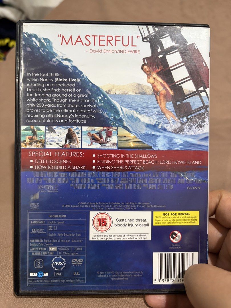 The Shallows DVD (R2) (Category: CDs & DVDs) located in Caloocan City. Submitted by gamegirl97 (Listing ID 1463213935, Image 2). Description: - Intense shark thriller starring Blake Lively. - Survival story: stranded on a rock, 200 yards from shore, with a great white shark. - Special features: deleted scenes, 'how to build a shark' feature. - Includes digital UV code. - Region 2 DVD..