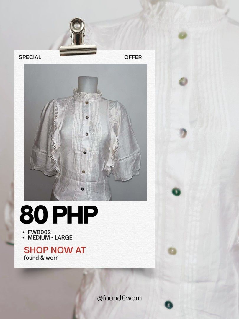 Thrift Clothes (Category: Activewear) located in Manila. Submitted by found.n.worn (Listing ID 1463166925, Image 2). Description: 𐙚₊˚⊹ FOR SALE! ⊹˚₊𐙚 ୨୧ FASHION BLOUSES — ₱80 ୨୧ PLAIN POLOS — ₱80 ୨୧ STRIPE POLOS — ₱80 ୨୧ BLAZERS & JACKETS — ₱50 📌 HOW TO CLAIM: Comment MINE + ITEM CODE First to comment gets the item! 🤎 📍 Location: General Trias, Cavite 🚚 Shipping available: J&T / Lalamove 💸 Shipping fee: Shoulder by buyer ✨ All items are pr