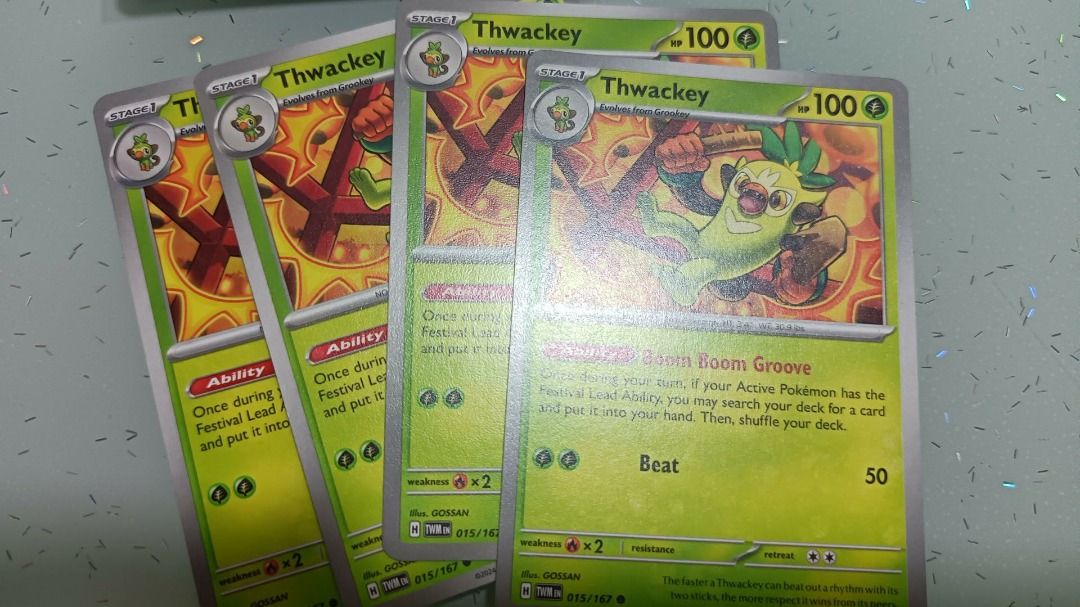 Thwackey Pokemon Card (Category: Raw Singles) located in Manila. Submitted by awesomevids2k (Listing ID 1463265292, Image 1). Description: - Thwackey Pokemon Card - Special Ability: Boom Boom Groove - Ideal for collectors and players - Add this to your Pokemon collection today! 100 each normal 200 each rev sold as set tomas morato qc cash/gcash lalamove/grab/lbc.