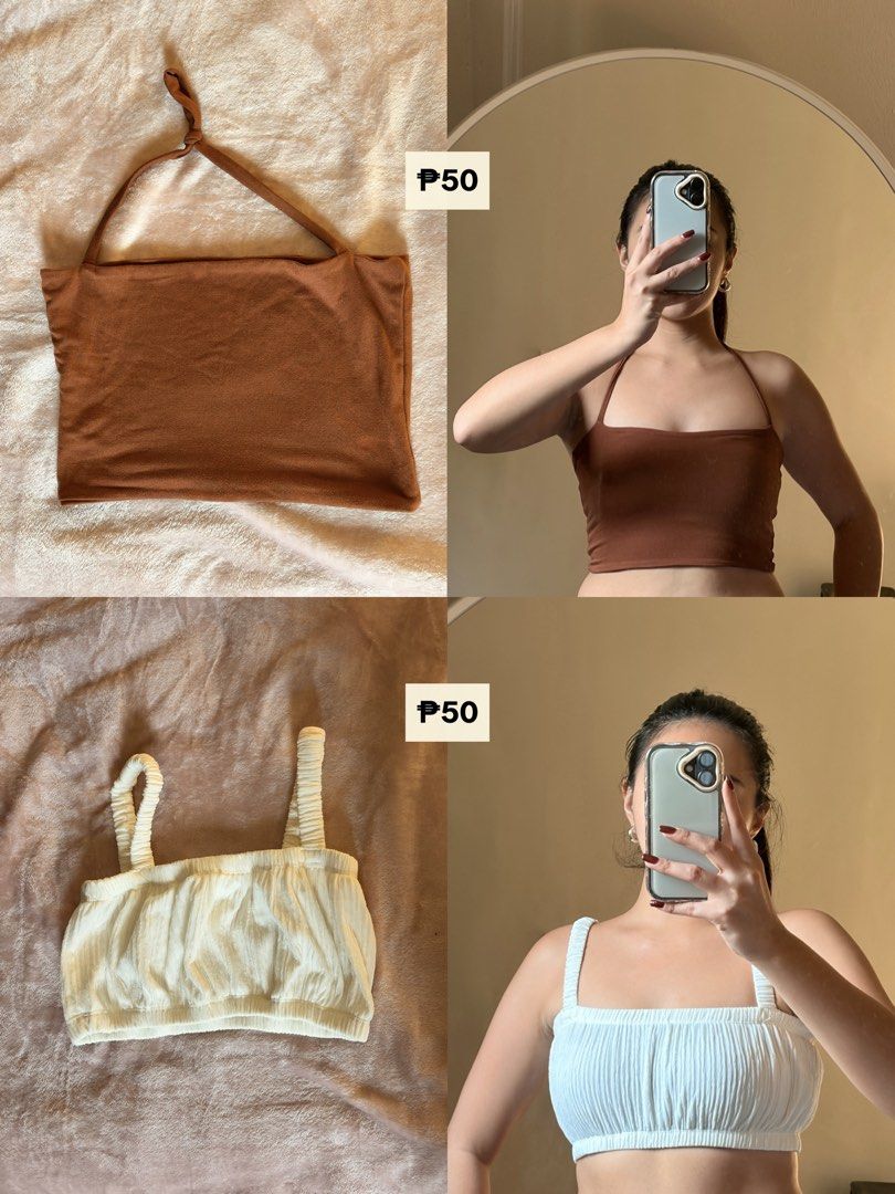 Tops (Category: Sleeveless) located in Manila. Submitted by shxntx (Listing ID 1463159135, Image 3). Description: Decluttering my pre-loved tops i barely even used. Tops are from shein/zara/topshop/tiktok shop/sola. 💘 size S-M frames.