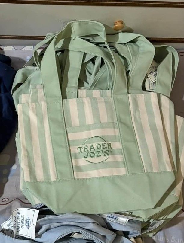 Trader Joe's Green and white Stripe (Category: Tote Bags) located in Maria Aurora. Submitted by mrs.jane08 (Listing ID 1463246757, Image 1). Description: Brandnew Trader Joe's Mini Tote bag US made (fresh frm Balikbayan box) green and white stripe.