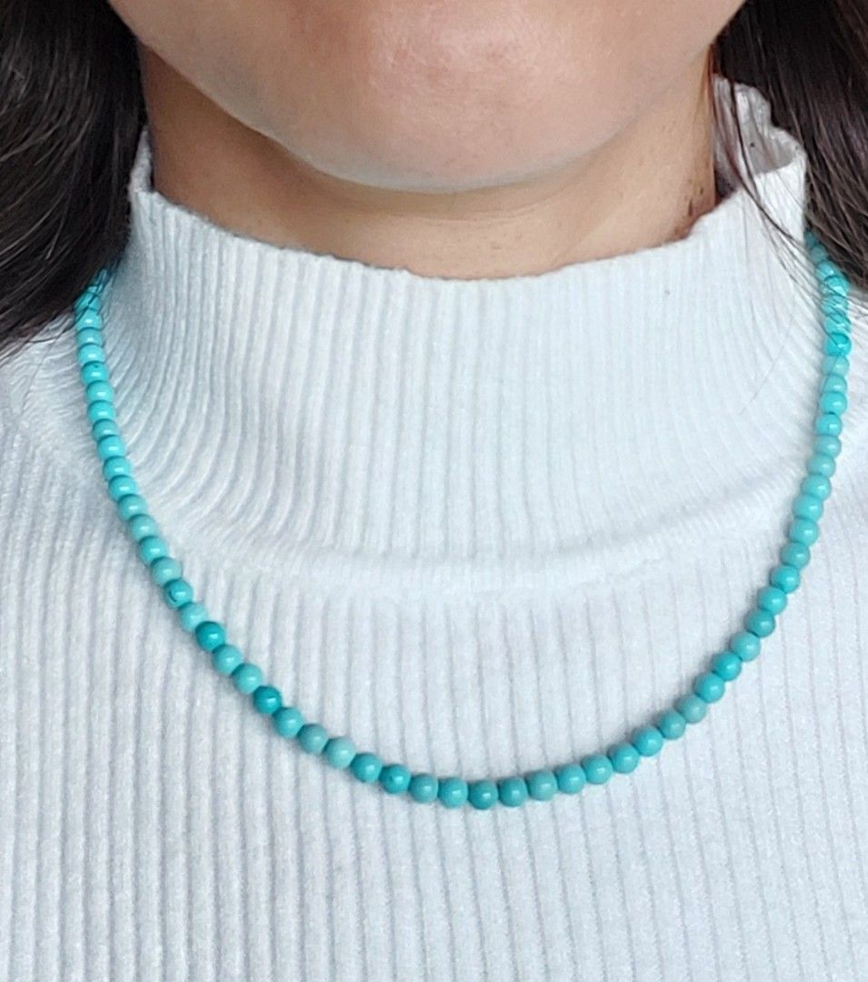 Turquoise Necklace 4.5mm (Category: Necklaces) located in Gapan. Submitted by purseofjune (Listing ID 1463141360, Image 1). Description: 16" + 2" extension chain hubei turquoise.
