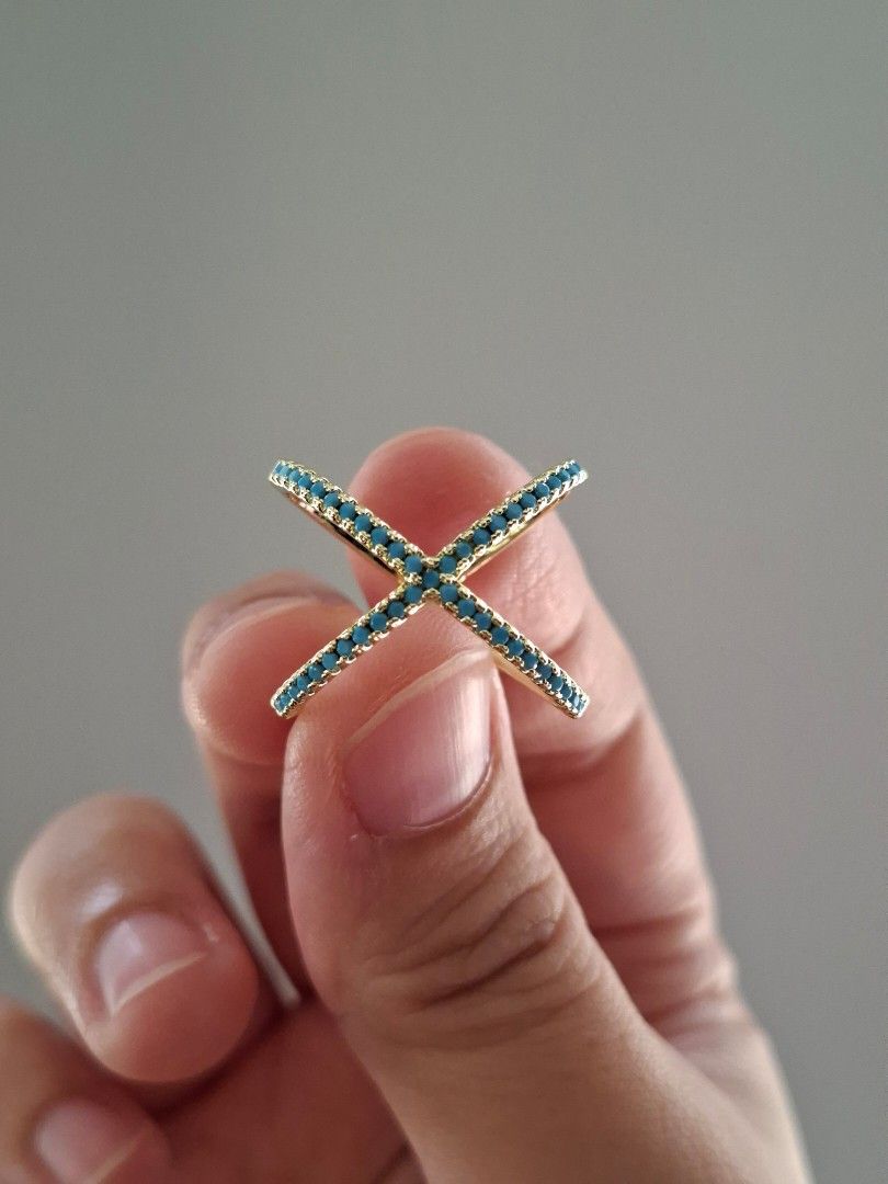 Turquoise Stones Cross Design Gold Ring Size 7 (Category: Rings) located in Dasmarinas. Submitted by danabrie22 (Listing ID 1463165154, Image 2). Description: size 7 very well-made, excellent crafstmanship 10/10 condition brand new stainless steel & turquoise-colored cubic zirconia stones made in Hongkong.
