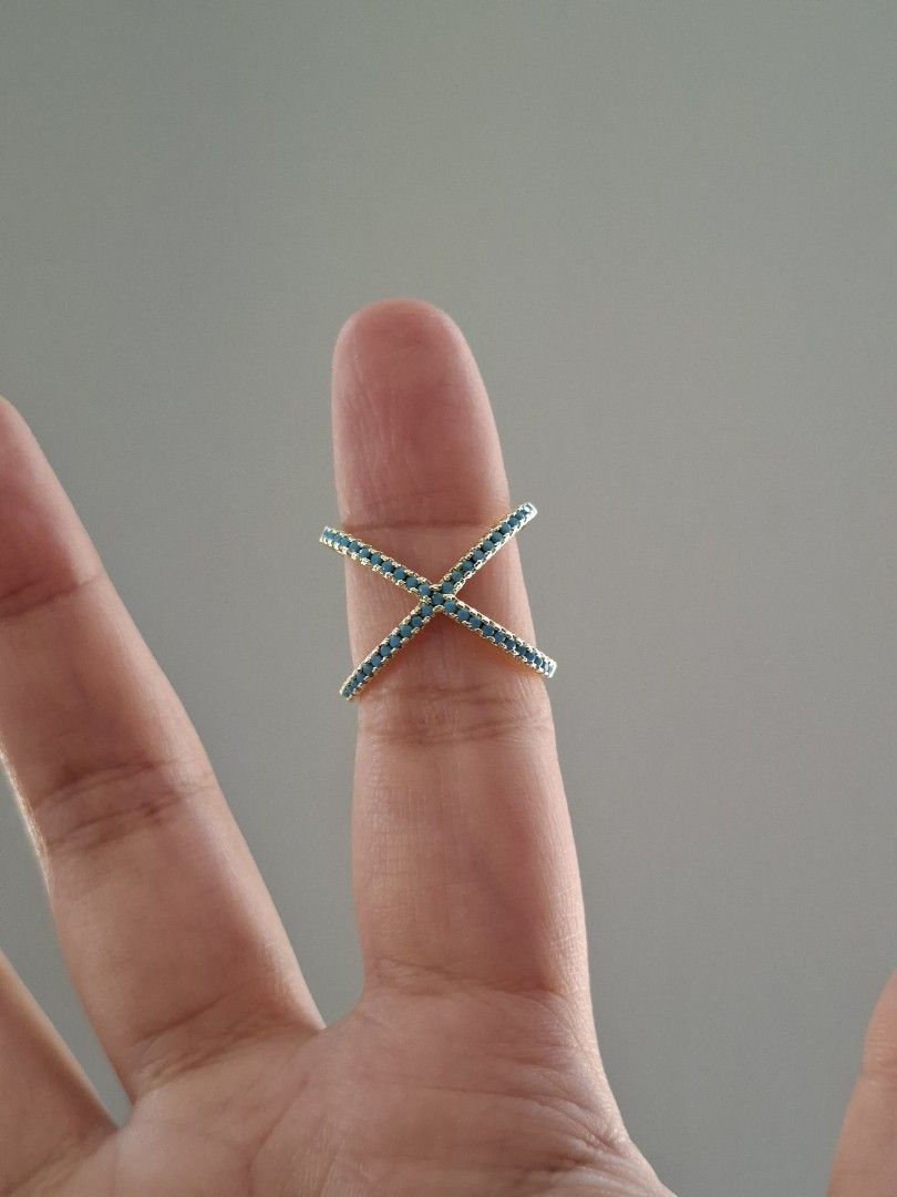 Turquoise Stones Cross Design Gold Ring Size 7 (Category: Rings) located in Dasmarinas. Submitted by danabrie22 (Listing ID 1463165154, Image 1). Description: size 7 very well-made, excellent crafstmanship 10/10 condition brand new stainless steel & turquoise-colored cubic zirconia stones made in Hongkong.