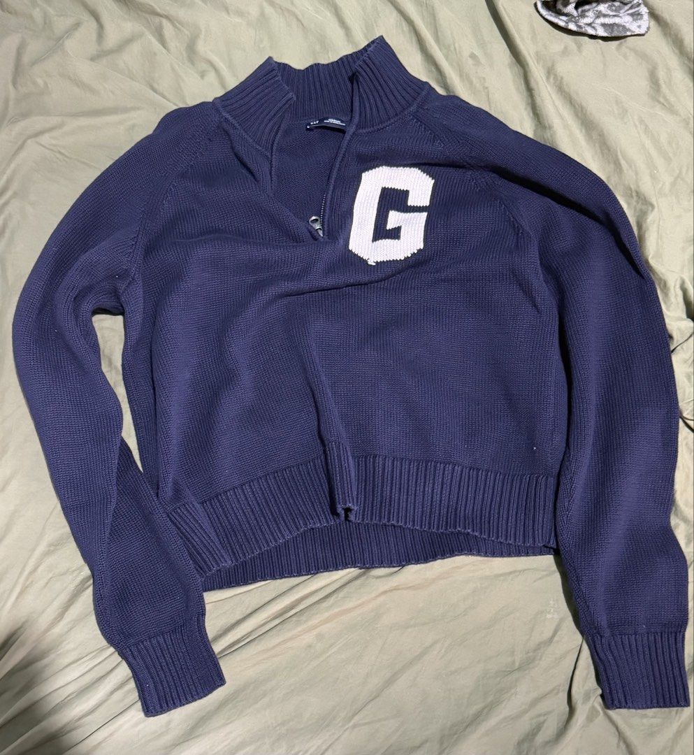 TWO GAP Quarter Zip Sweaters - Grey & Navy (Couple Sweaters) (Category: Coats, Jackets and Outerwear) located in Paranaque City. Submitted by hebeandlili (Listing ID 1463200108, Image 2). Description: GAP quarter zip knitted sweaters Grey is Small Blue is Medium Couple sweaters Authentic. Super good quality, the blue one has just one small flaw with the stitching. But it is not noticeable. Selling both for 2,000. Two GAP quarter zip sweaters, gre