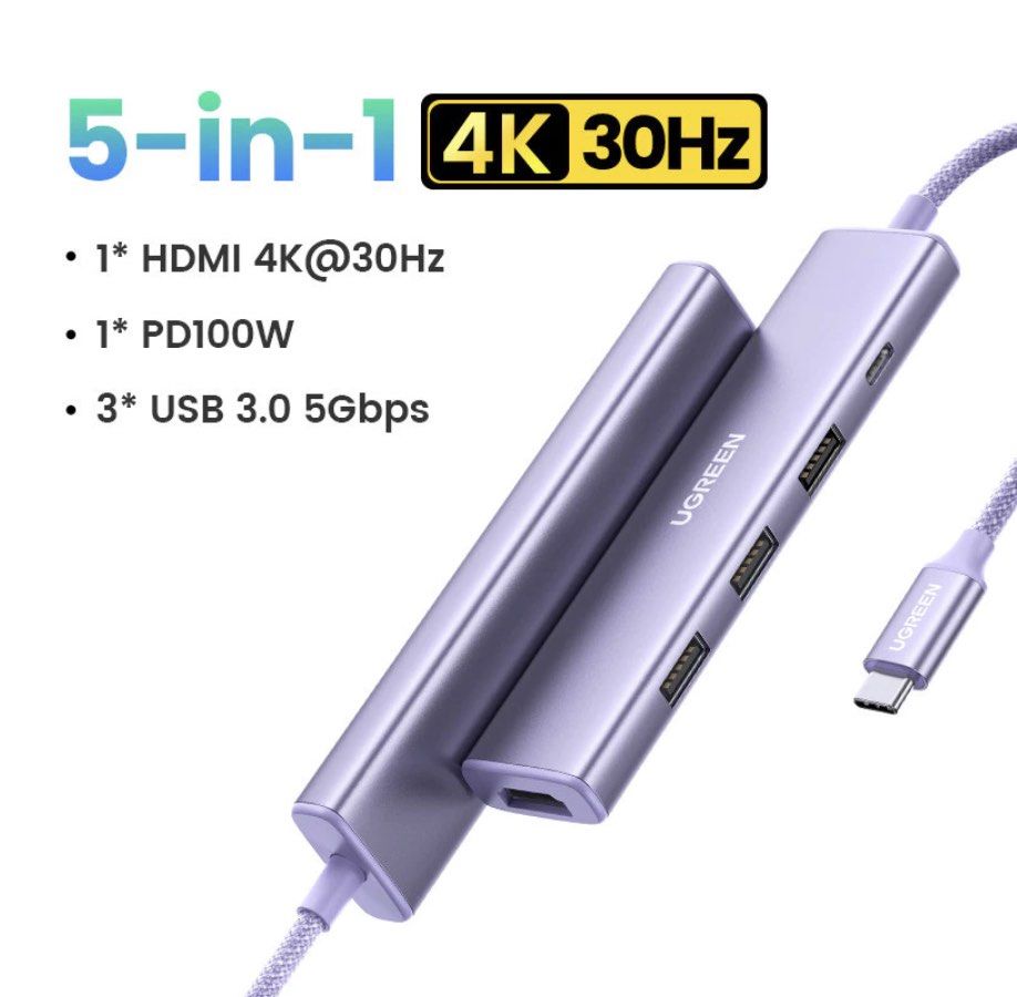 UGREEN USB C HUB (Category: Cables & Adaptors) located in Mandaluyong City. Submitted by lengsukay (Listing ID 1463183451, Image 3). Description: - UGREEN USB-C to HDMI Adapter - Connects laptops or phones to HDMI displays (TVs, monitors) - 5Gbps data transfer - Purple color No issues at all; RFS wrong buy, i needed usb c with data transfer .