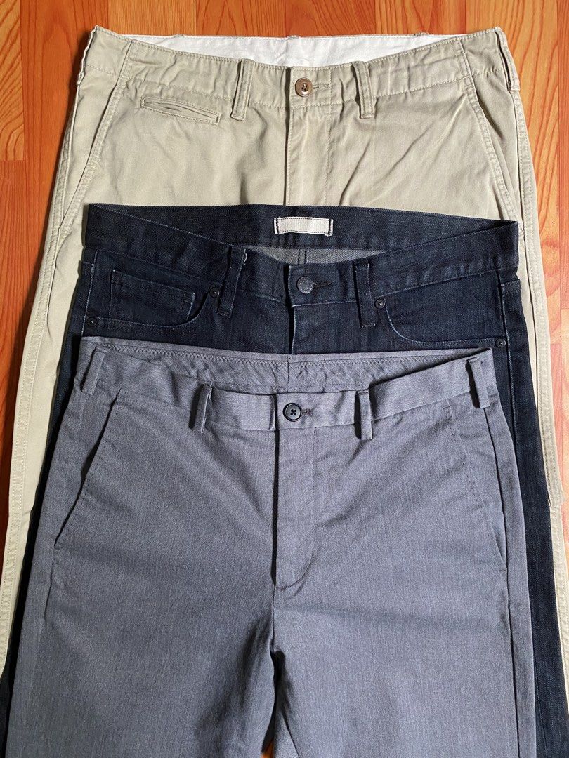 Uniqlo Chinos and Jeans Bundle (Category: Jeans) located in Cebu City. Submitted by monflor (Listing ID 1463219976, Image 2). Description: - Bundle of 3 Uniqlo pants - Includes: Beige Chinos, Dark Wash Jeans, (Grey Chinos❌SOLD) - Size: Medium (M) 32 - Perfect for building a versatile wardrobe Stretchable Good condition No issues Price each 680.