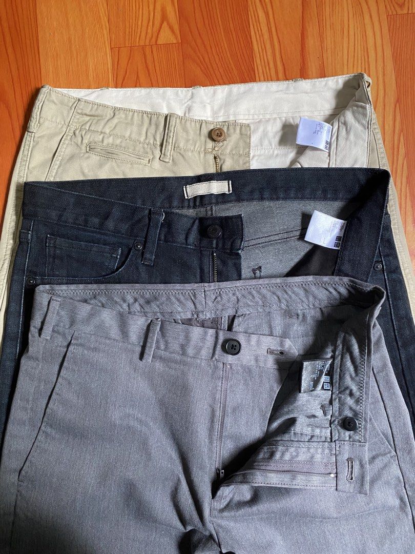 Uniqlo Chinos and Jeans Bundle (Category: Jeans) located in Cebu City. Submitted by monflor (Listing ID 1463219976, Image 3). Description: - Bundle of 3 Uniqlo pants - Includes: Beige Chinos, Dark Wash Jeans, (Grey Chinos❌SOLD) - Size: Medium (M) 32 - Perfect for building a versatile wardrobe Stretchable Good condition No issues Price each 680.
