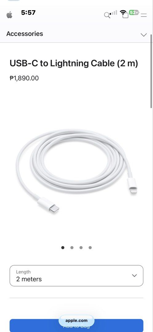 USB-C to Lightning Cable (2 m) (Category: Chargers) located in Quezon City. Submitted by tetebreaaaad (Listing ID 1463222192, Image 1). Description: Almost new! Authentic Rfs: Upgraded my phone so I cant use lighting anymore * open to swap with USB-C to USB-C (2m).