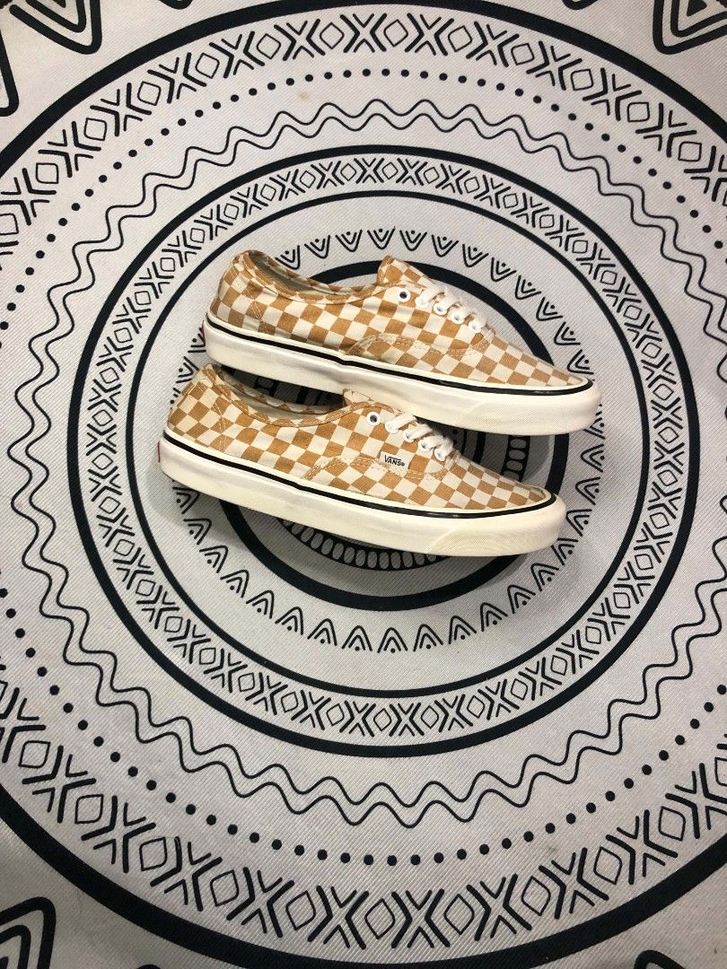 Vans Authentic Checkerboard Sneakers Tan White 🔥 (Category: Sneakers) located in Manila. Submitted by sonkicks (Listing ID 1463288896, Image 1). Description: - Classic Vans Authentic sneakers - Tan and white checkerboard pattern - Lace-up style - Soles are in good, clean condition - Ideal for everyday wear - Size: US Men's 10.5.
