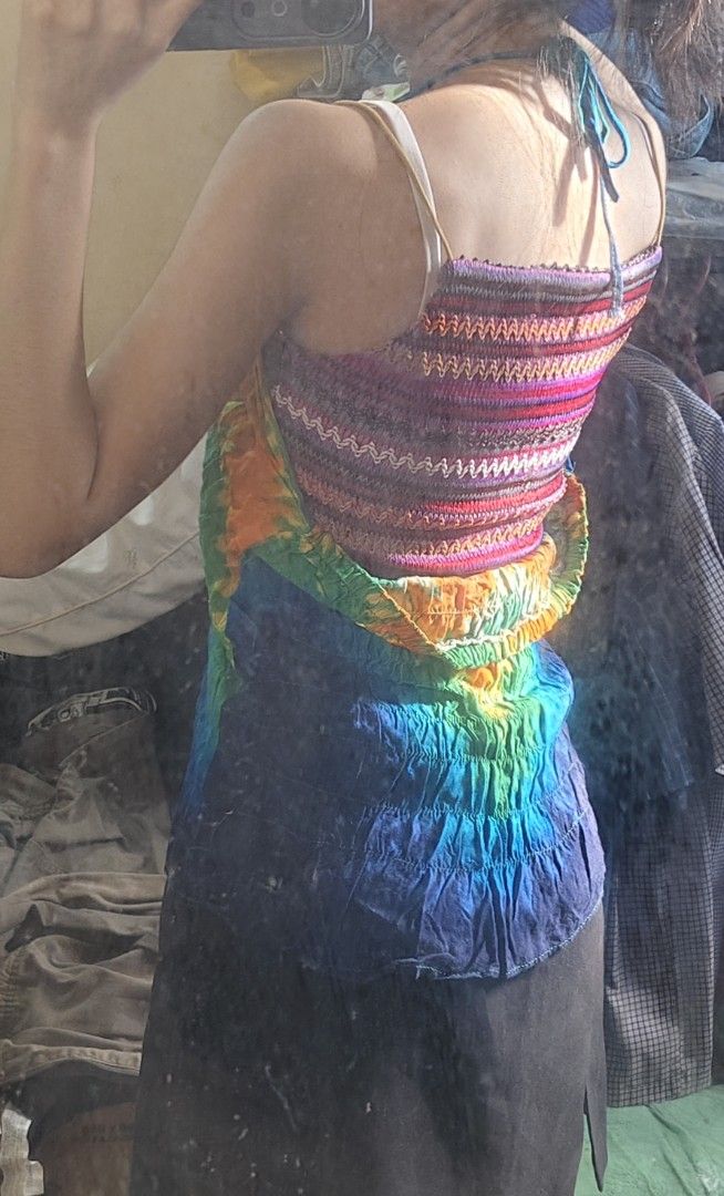 vibrant tie-dye Y2K-style halter top (Category: Sleeveless) located in Bulacan. Submitted by angel.decluttersx (Listing ID 1462600182, Image 3). Description: m-l ww provided cotton fabric material issue: garter at back kind of loose na needs repair sa likod.