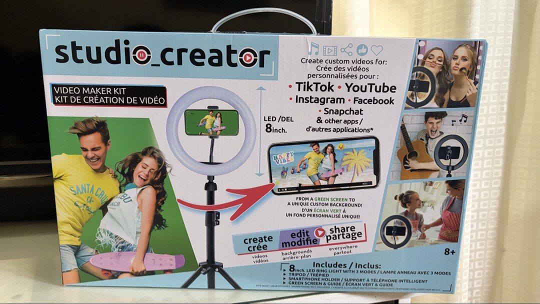 Video Maker Kit (Category: Craft Supplies & Tools) located in Manila. Submitted by lizziedear.lizziedear (Listing ID 1463149647, Image 2). Description: - Studio Creator Video Maker Kit - 8-inch LED Ring Light with adjustable brightness & 3 color modes - Adjustable Tripod (extends up to 20 inches) - Green Screen included - Smartphone Holder - Perfect for TikTok, YouTube, Instagram, vlogging, and content creation.