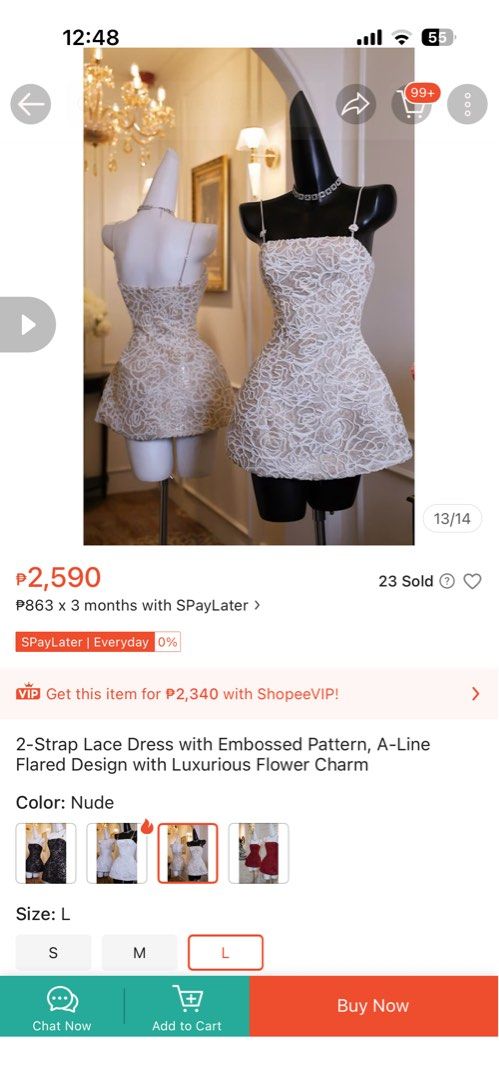 Vietnam Lace Dress with Embossed Pattern (Category: Dresses) located in Pasig City. Submitted by thriftzzsweep (Listing ID 1463293813, Image 1). Description: - Size: L - Style: Nude lace A-line dress - Detail: Luxurious flower charm - Occasion: Perfect for special events or a night out.